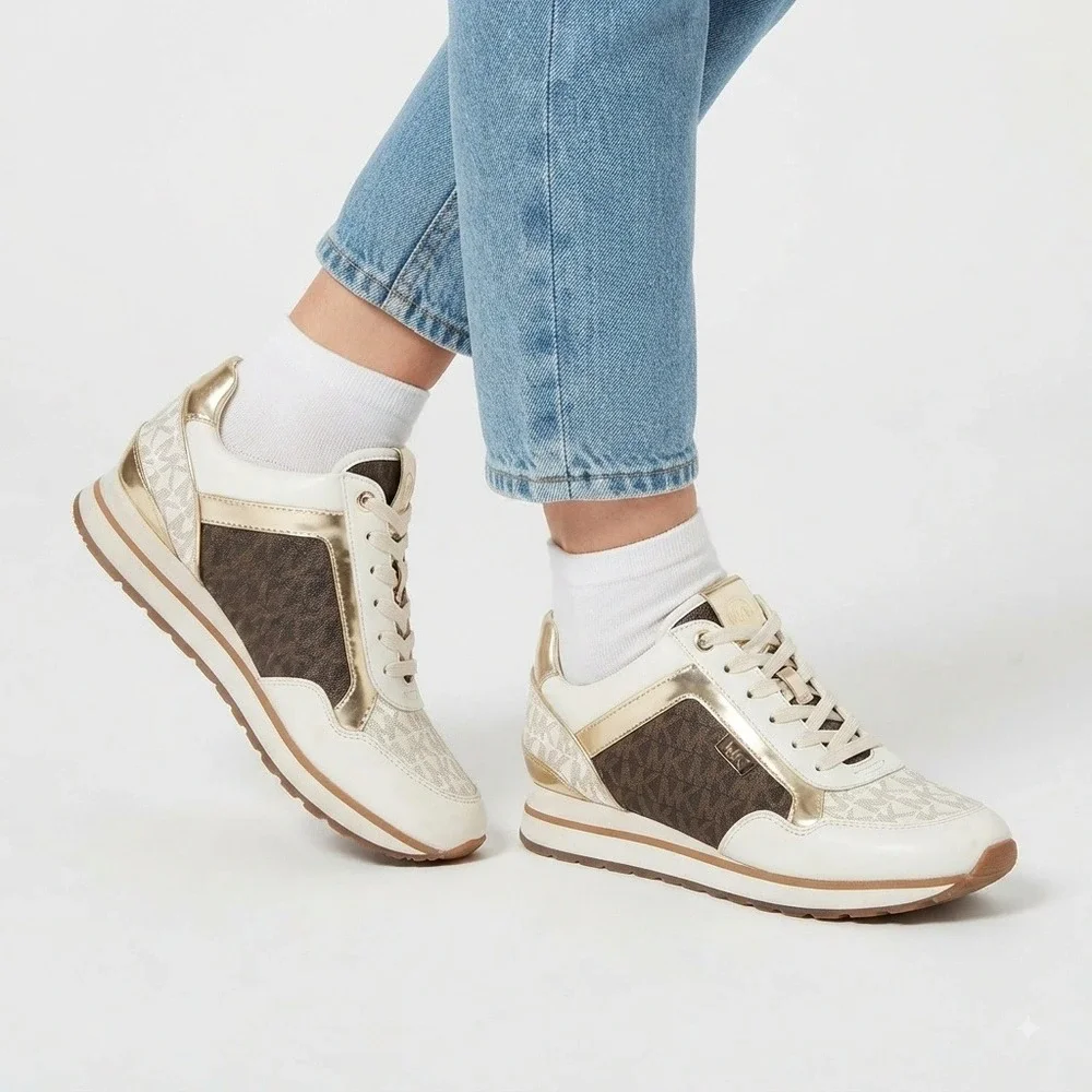 Michael Kors Allie Stride Sneakers Womems 8 White Brown Gold Logo SG19H